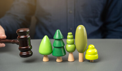 Judge's gavel in a hand and toy trees. Concept of court cases related to environmental protection...