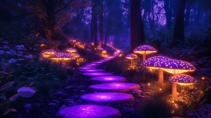 Glade in magic forest at night. Fantastic woods landscape with trees, mushrooms, flowers and grass in mystic purple light, path and stones, vector cartoon illustration