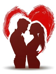 sensual silhouette of straight couple in red heart-shape, love and valentine