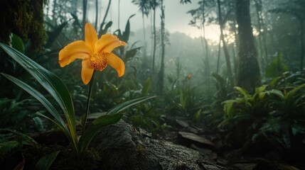 Fototapeta premium Mystical Rainforest Orchid: A Golden Bloom in the Misty Jungle