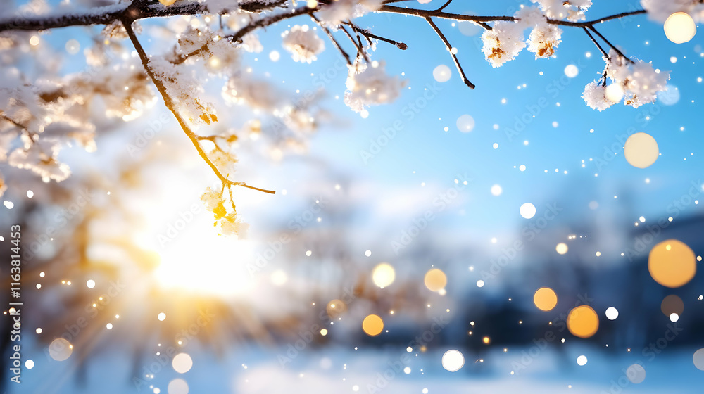 Poster snowy tree branch with sunlight and bokeh.