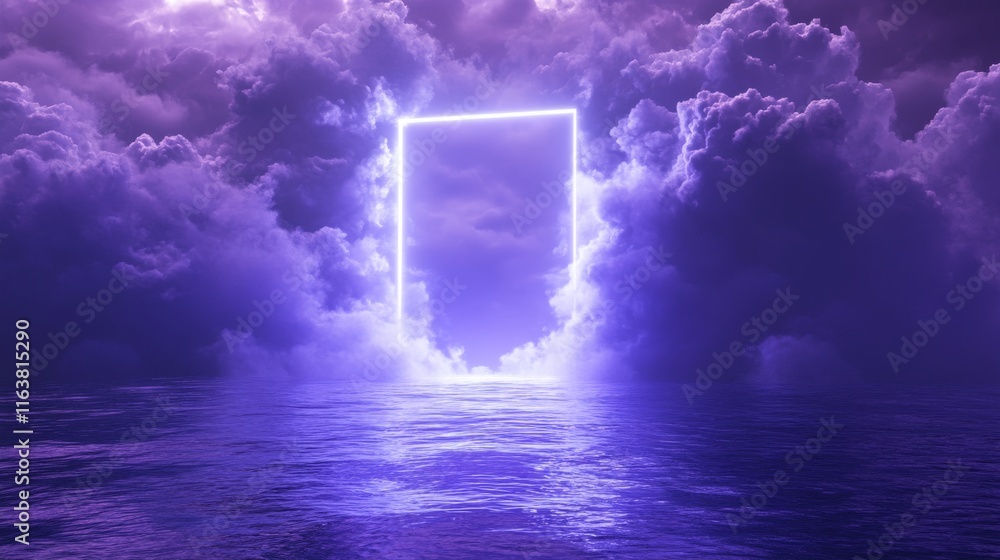 Poster neon rectangle frame with smoke on water surface. rectangular glowing border with magic light among 