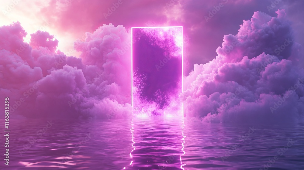 Poster neon rectangle frame with smoke on water surface. rectangular glowing border with magic light among 