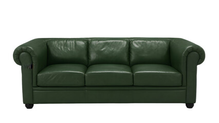 Fototapeta premium A green leather sofa with a classic Chesterfield style on a transparent background. It has deep buttoning on the back and arms, rolled arms, and likely has turned wooden legs.