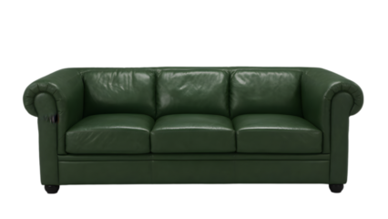 A green leather sofa with a classic Chesterfield style on a transparent background. It has deep buttoning on the back and arms, rolled arms, and likely has turned wooden legs.