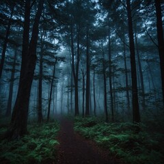 Fototapeta premium A misty forest with the faint outline of people walking toward a glowing light in the distance.