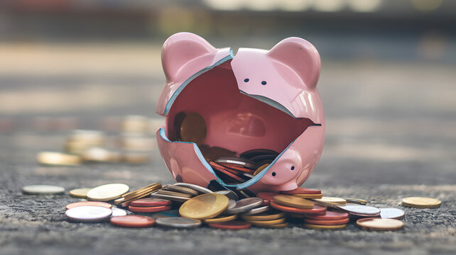 Broken piggy bank with coins scattered around, symbolizing financial struggle and the need for careful budgeting and saving.