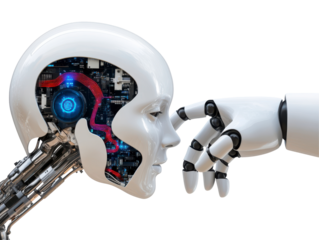 Robotic introspection, futuristic AI, conceptual integration, digital consciousness, artificial intelligence design. Isolated on transparent background.