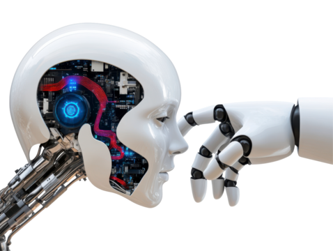 Robotic introspection, futuristic AI, conceptual integration, digital consciousness, artificial intelligence design. Isolated on transparent background.