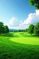 Rolling hills of lush green grass stretch out on a golf course fairway, terrain, green grass