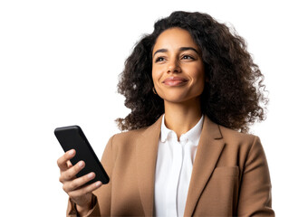 Confident professional woman with phone curly hair wearing blazer looking upward white background positive expression Isolated on transparent background.