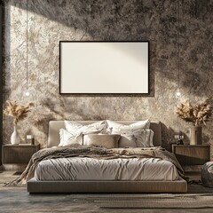Modern Bedroom Design with Mockup Frame Cozy Atmosphere Stylish Furniture Natural Elements Interior Decor Inspiration