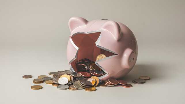 Broken piggy bank with coins scattered around, symbolizing financial struggle and the need for careful budgeting and saving.
