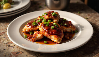 Fototapeta premium Baked chicken thighs topped with savory sauce and green onions served on a white plate
