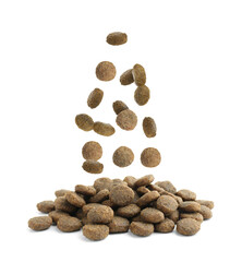 Dry pet food falling onto heap on white background