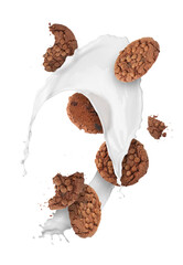 Chocolate chip cookies and splashing milk in air on white background