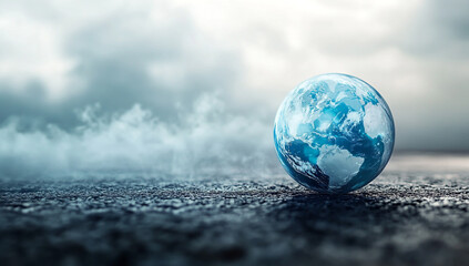 A transparent blue earth globe made of glass, with textures and colors clearly visible, floats in front of an abstract background.