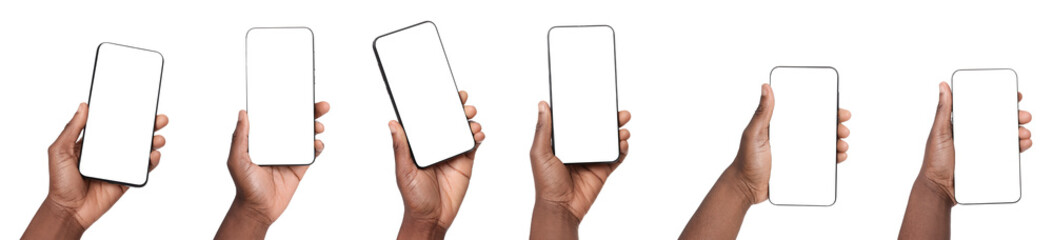 Woman holding mobile phone with blank screen on white background, closeup. Collage