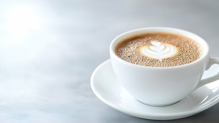 Fototapeta premium Latte art in a white cup on a marble table.
