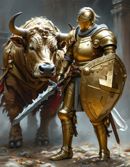 Bitcoin crypto currency concept: golden knight in a plate armour wielding a shield out of a giant bitcoin with a sword, fighting against a giant bull, bull market, crypto trading, high bitcoin price, 
