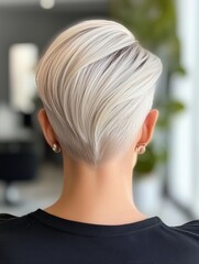 Slicked-Back Undercut with Platinum Highlights, Edgy and Refined, Rear Angle in a Minimalist Salon