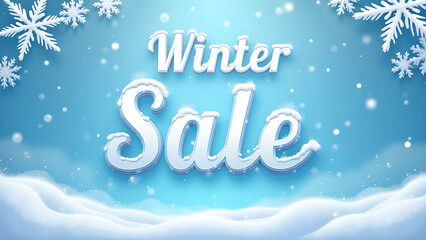 Winter Sale Banner with Snowflakes and Snow Covered Mountains. Concept of Holiday Discount and Promotion.