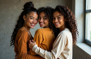 Obraz premium Joyful friends embracing indoors with natural light and beautiful smiles. Galentine's Day. Friendship Day