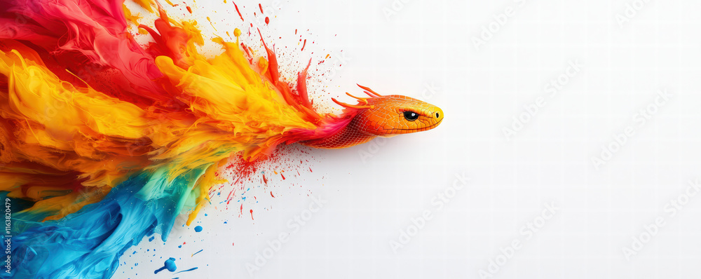 Poster a vibrant splash of colors forms a dynamic, abstract representation of a creature, blending hues of 