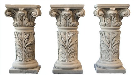 Obraz premium Antique pillars isolated on white background. Ancient classic stone columns of roman or greece architecture with twisted and groove ornament for interior facade design, Realistic 3d vector mockup, set