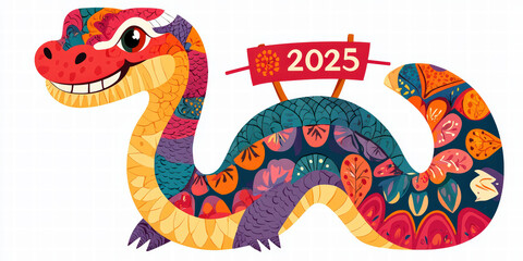 Obraz premium A colorful illustration of a snake representing the Year of the Snake, 2025, adorned with vibrant patterns and a cheerful expression.