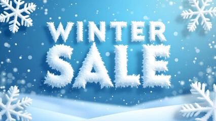 Winter Sale Banner with Snowflakes and Snowy Landscape. Concept of Seasonal Discount and Holiday Shopping.