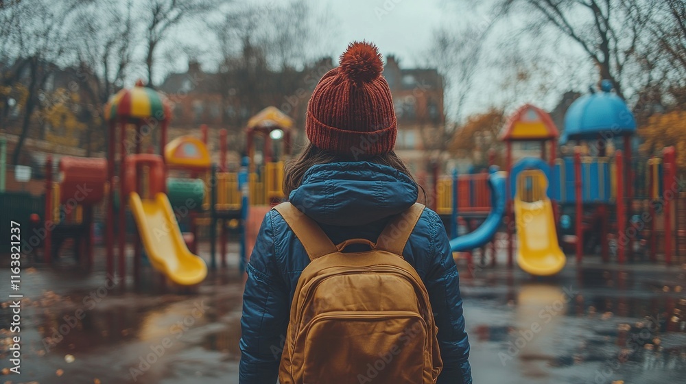Poster a person in a beanie stands before an empty playground.