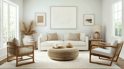 Minimalist Scandinavian drawing room with clean-lined furniture, neutral hues and natural textures creating a bright and airy vibe