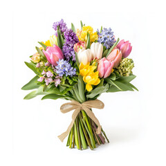 Obraz premium A spring bouquet featuring tulips, daffodils, and hyacinths in soft pastel hues, elegantly tied with a jute bow, isolated on a white background for Valentine's Day.
