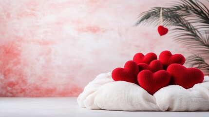 Romantic Red Hearts Nestled in White Fabric Against Pink Background