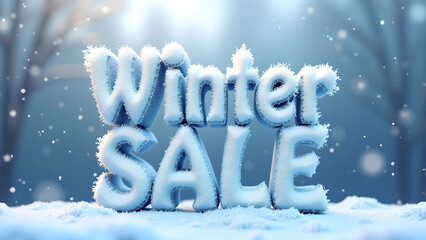 Winter Sale, Snow covered text on snowy landscape. Concept of seasonal discounts and winter promotions.