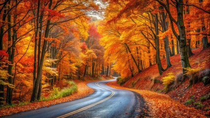 Fototapeta premium Autumn Road Through Enchanted Forest: A Serene Journey of Colorful Foliage and Nature's Beauty in a Scenic Overview
