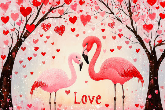 Romantische Karte zum Valentinstag, Hochzeit, Verlobung, Freundschaft und Liebe, Karte mit Herzen und Flamingos und dem Schriftzug LOVE