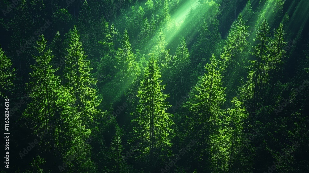 Poster sunlight filters through tall trees in a lush forest creating a vibrant display of green foliage in 