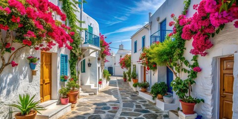 Fototapeta premium Candid Capture of a Narrow Street in Plaka Village, Milos Island, Showcasing Greek Architecture and Colorful Flower Decorations in the Cyclades, Greece