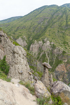 Stone mushrooms (or Akkurum tract) in Chulyshman river valley. Ulagan district, Altai republic, Russia.