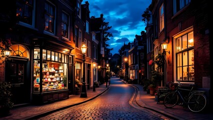 Naklejka premium A Beautiful Cobblestone Street at Twilight, Featuring a Parked Bicycle, Charming Storefronts, and Warm Lighting Enhancing the Scene