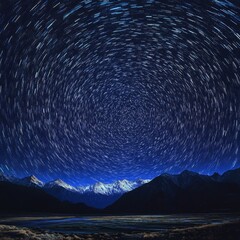Fototapeta premium Night Sky With Star Trails Over Mountains and Dark Blue Landscape