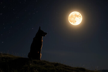 German Shepherd Under a Glowing Moon: Majestic Night Portrait of a Canine