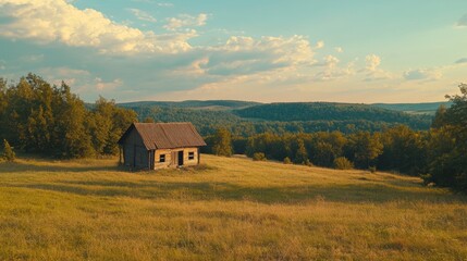 Fototapeta premium Abandoned Wooden Cabin Stands in a Serene Meadow During Sunset in a Tranquil Rural Landscape