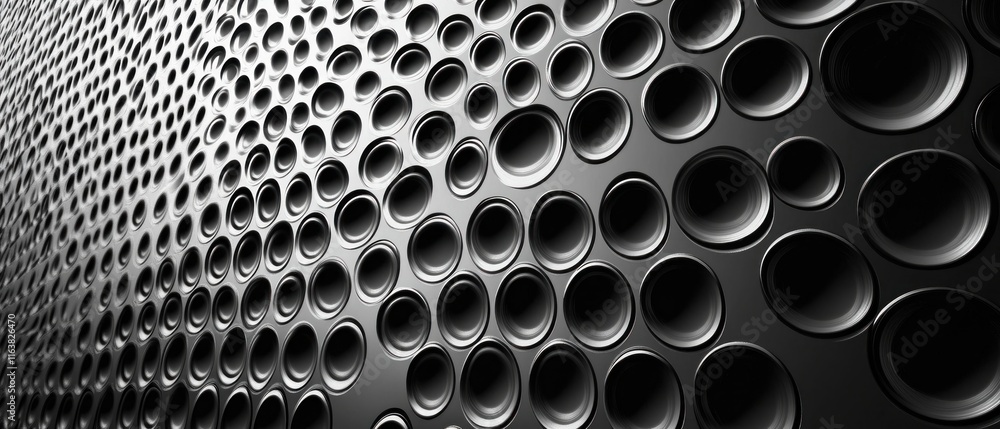 Poster abstract metallic surface with repeating circular recesses.