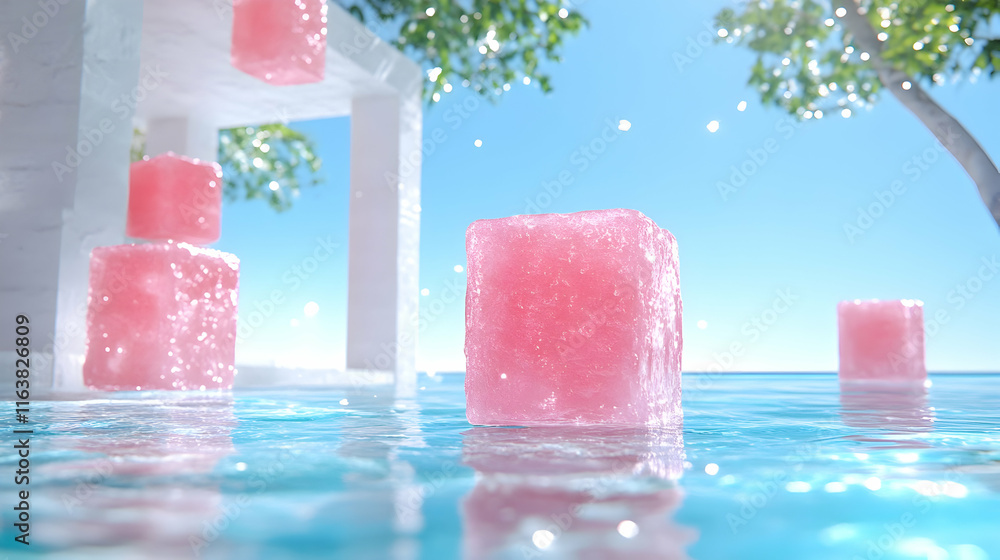 Poster pink sugar cubes floating in turquoise water with a white modern structure and trees in the backgrou
