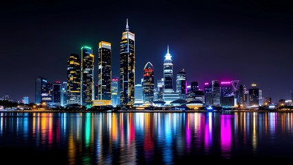 Fototapeta premium A Vibrant City Skyline at Night, Illuminated by Colorful Neon Lights Reflecting off Towering Skyscrapers