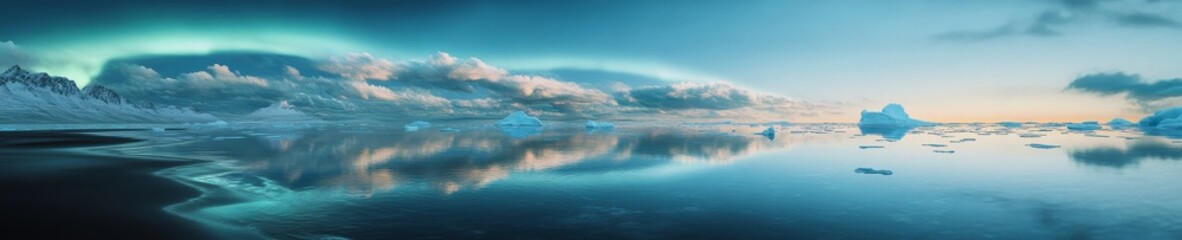 Naklejka premium Stunning View of Calm Waters Reflecting Clouds and Northern Lights Over a Serene Landscape at Dusk