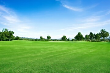 Fototapeta premium Expansive Green Field Under a Clear Blue Sky With Scattered Trees and Distant Hills on a Sunny Day